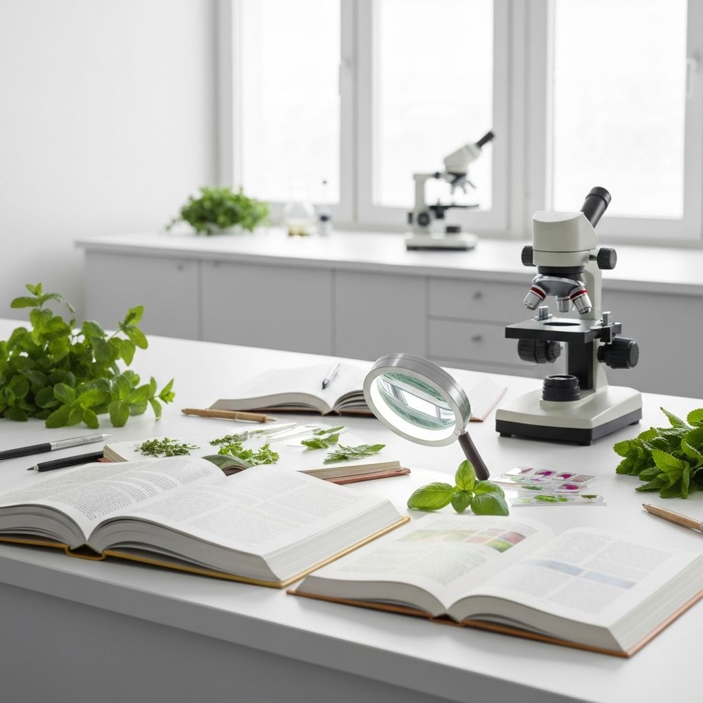 Botanical research workspace with herbs and scientific materials