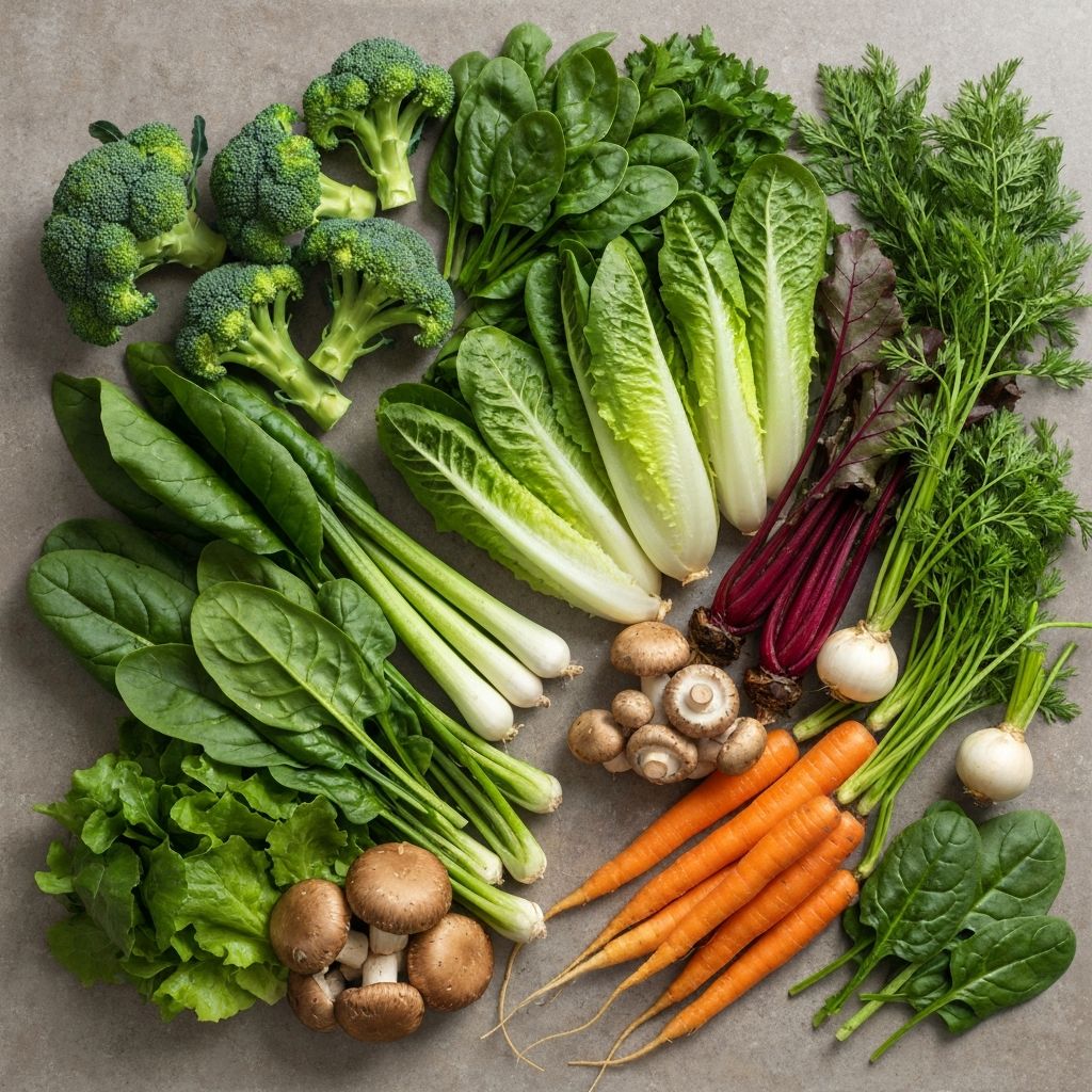 Diverse fresh vegetables and herbs showing dietary variety